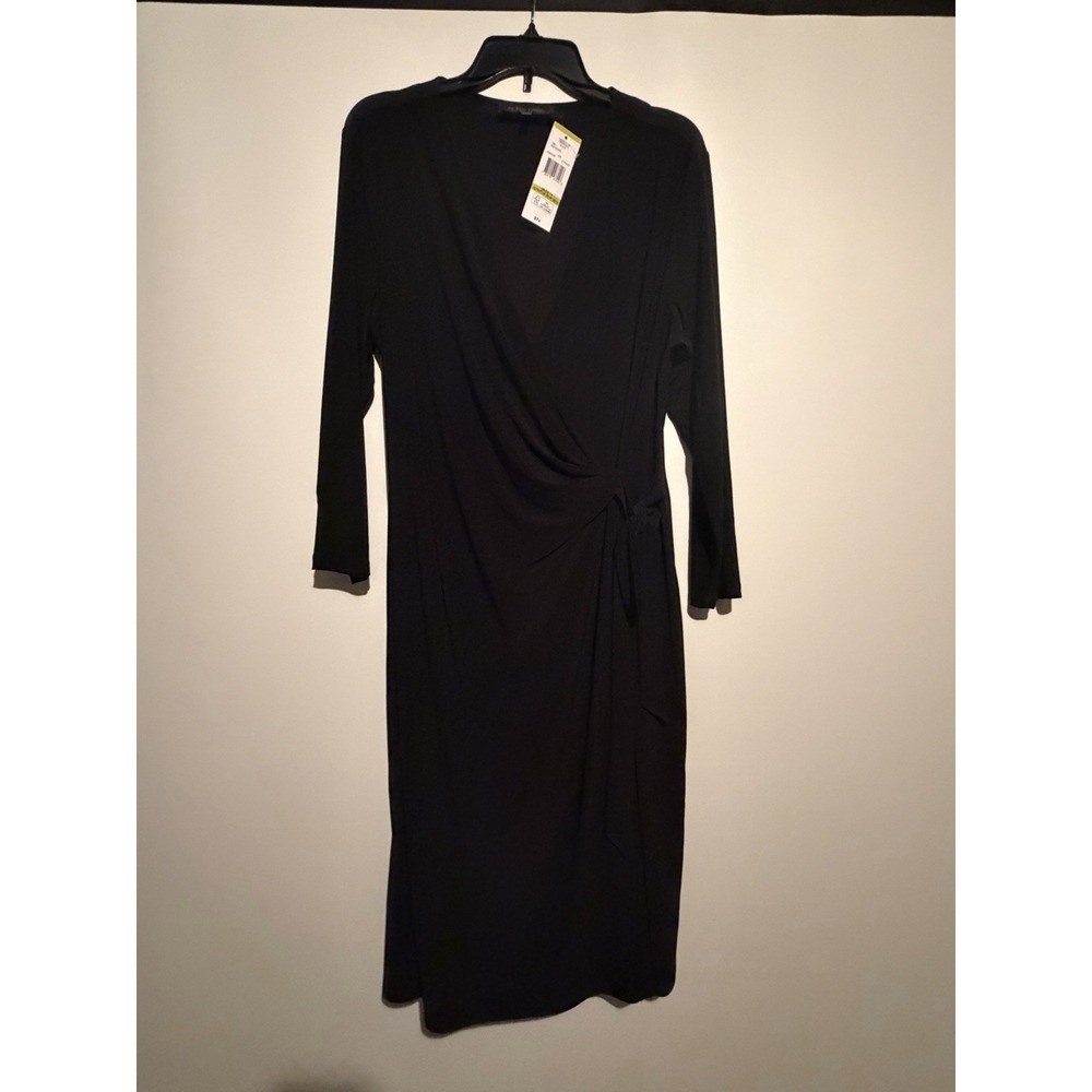 Black Label by Evan-Picone Black Solid Knit Wrap V-Neck Midi Dress 14. F6054
